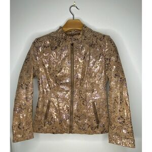 Pamela McCoy Womens Paisley Metallic Print Moto Jacket Size M brown with bronze